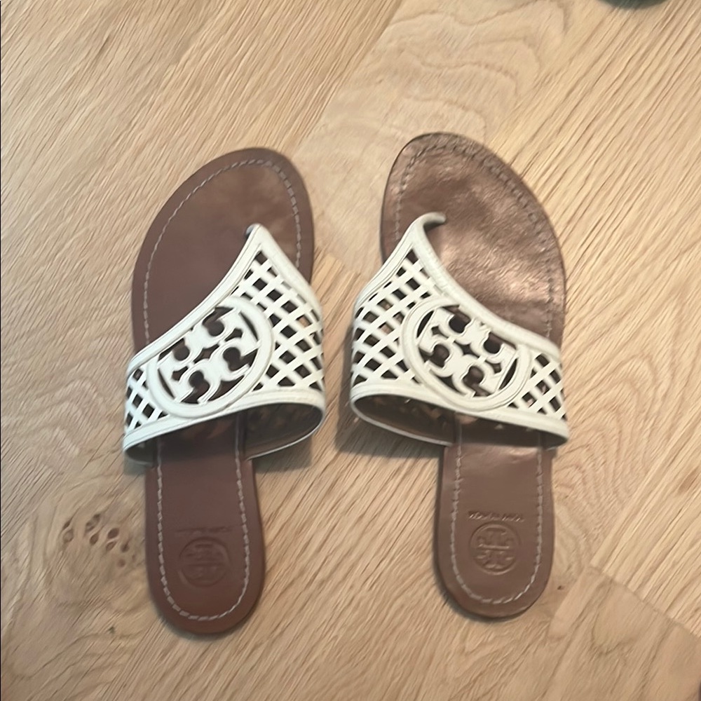 Tory Burch White and Brown Slide Sandals with Intricate Design